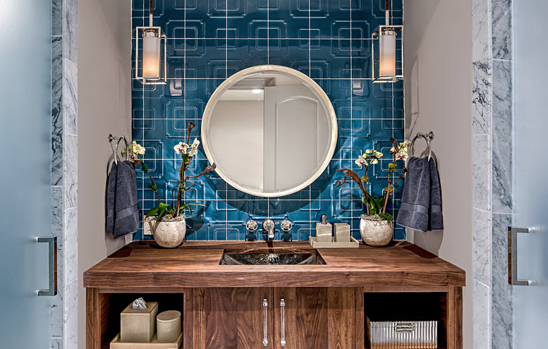 spa bathroom with blue tile