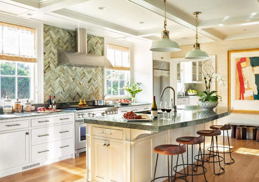 Kitchen with colorful glass tile backsplash